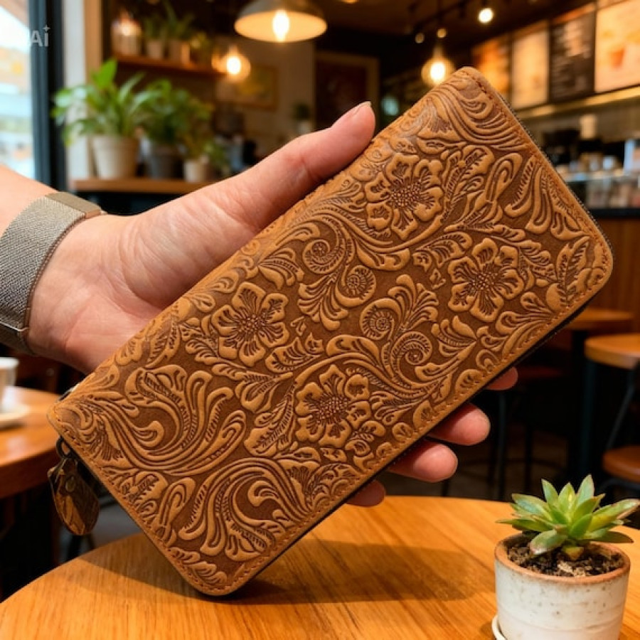 Tooled Leather Women's Wallet | Genuine Leather Purse | Zip Around Style | Floral Design