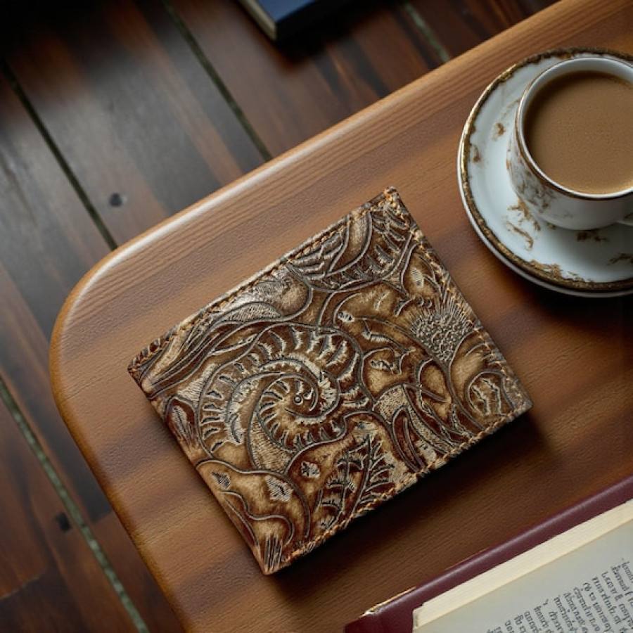 Embossed Genuine Leather Bi-fold Men's Wallet - Brown Sugar Blossom