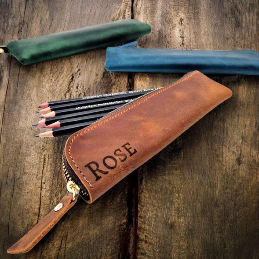 Custom Engraved Slim design pencil case made using genuine leather 0
