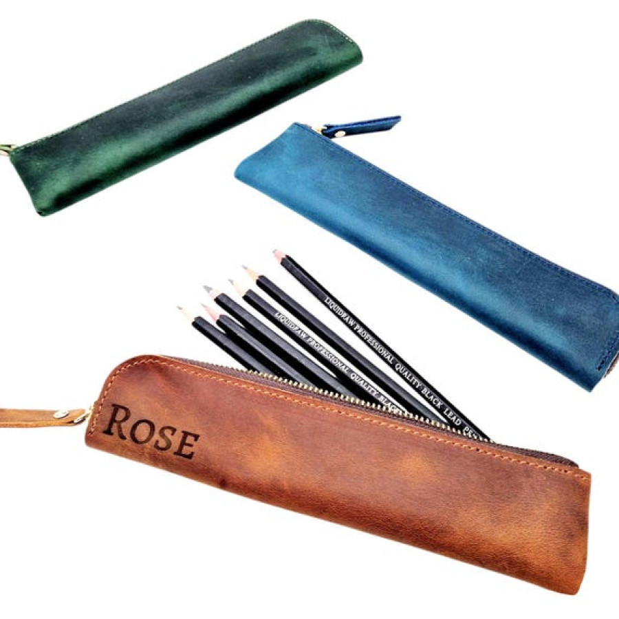 Custom Engraved Slim design pencil case made using genuine leather 1