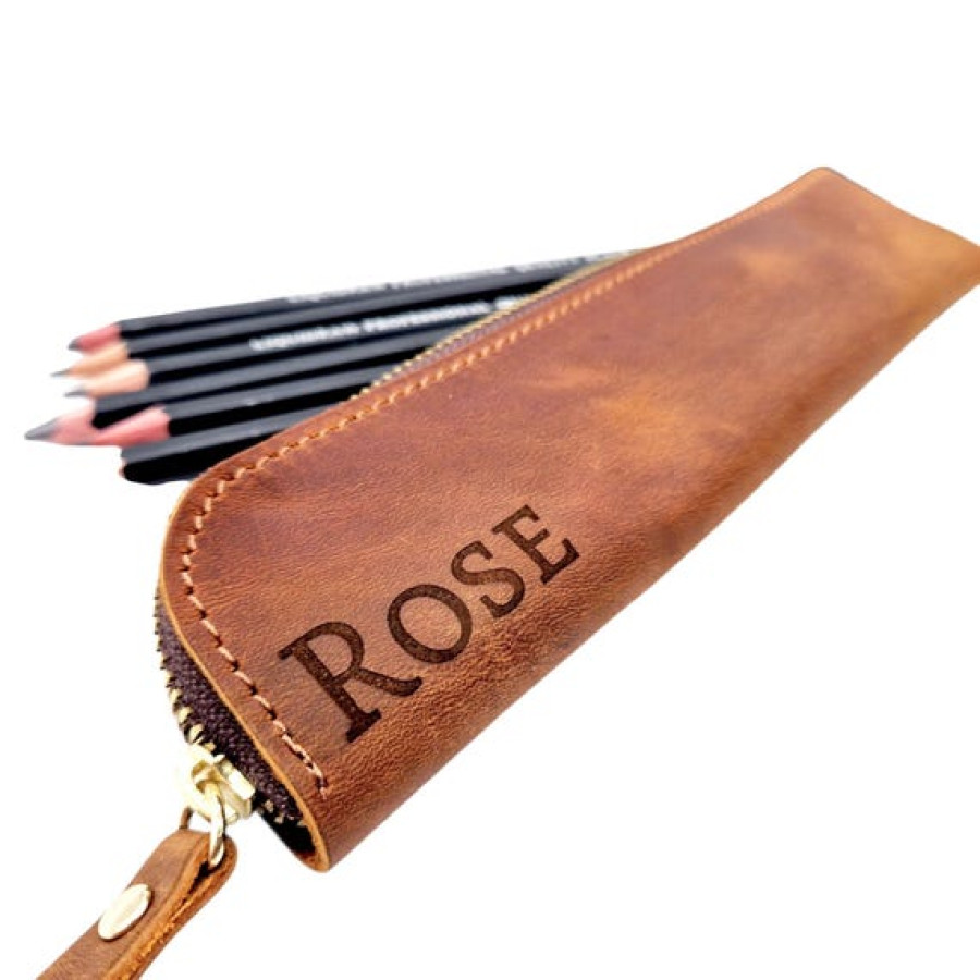 Custom Engraved Slim design pencil case made using genuine leather 2