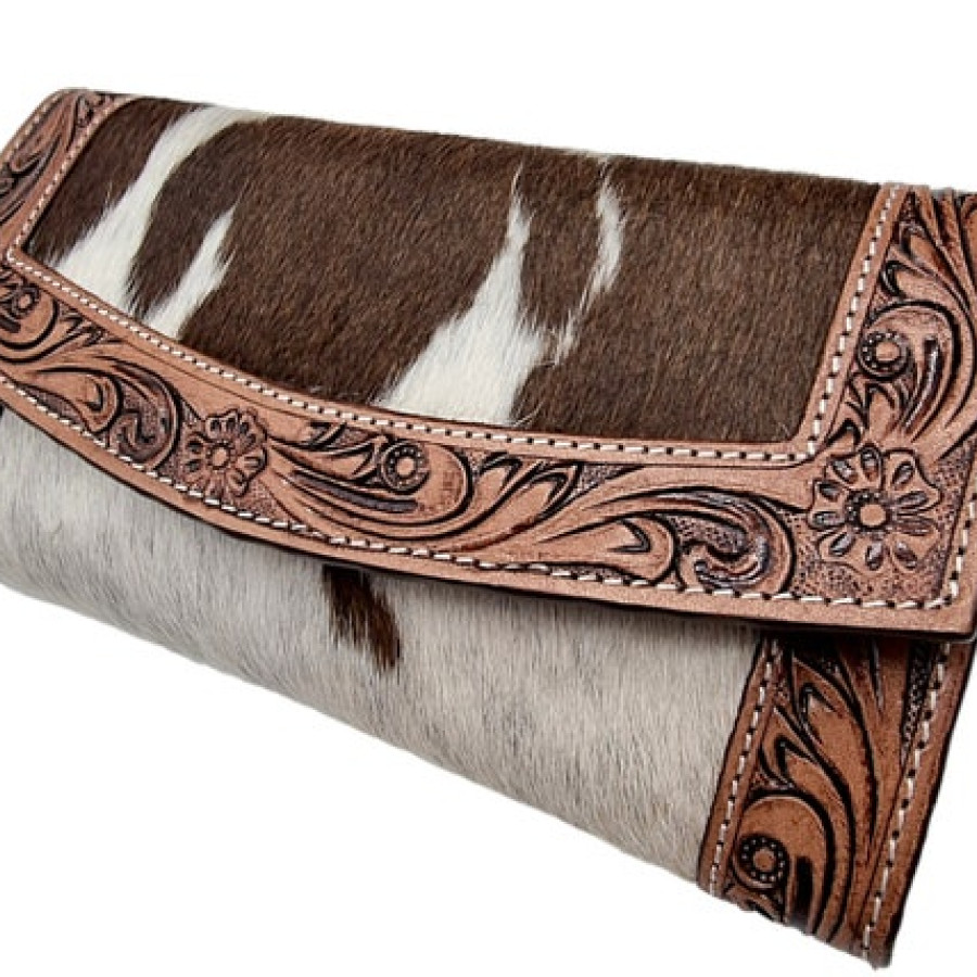 Southwestern style genuine fur-on cowhide + tooled leather trim wallet / clutch with detachable shoulder strap