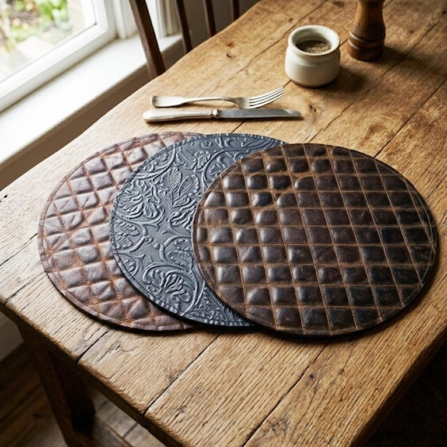 Luxury Genuine Leather Round Placemat | Handcrafted Leather Table Mat