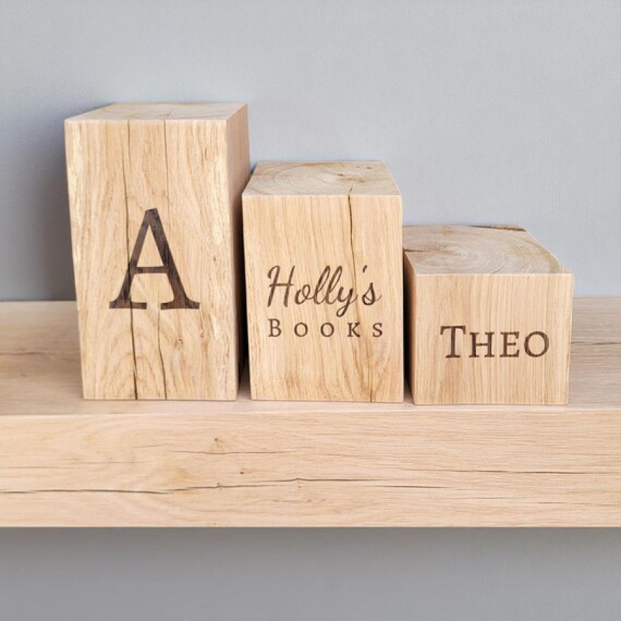Premium Solid Oak Customized Bookends - Laser Engraved With Your Text or Logo 0