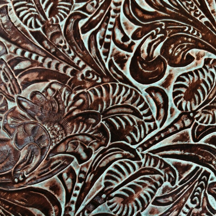 Genuine embossed leather | Floral pattern | Turquoise & Brown - Various sizes