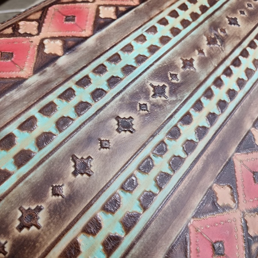 Genuine embossed Aztec leather | Navajo Turquoise and red  |  Various sizes available 7