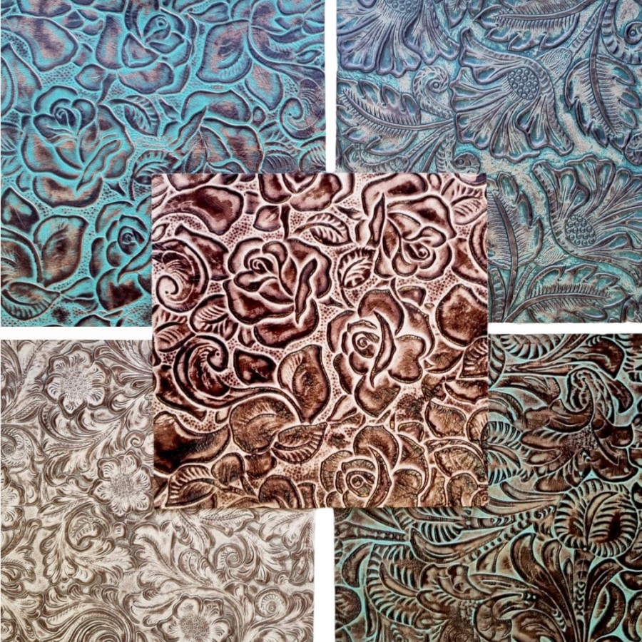 5 PIECES per pack ! Genuine Floral Embossed Leather Pieces 8x8" (20x20cm) - Perfect for Arts and Crafts - VARIOUS colours available 1
