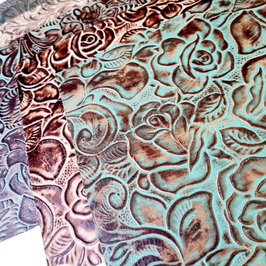 5 PIECES per pack ! Genuine Floral Embossed Leather Pieces 8x8" (20x20cm) - Perfect for Arts and Crafts - VARIOUS colours available 2