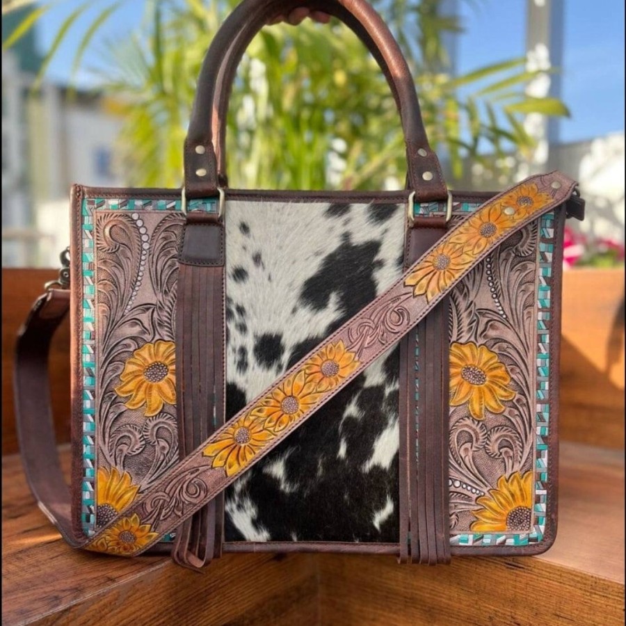 Western style zipper tote bag with Genuine Cowhide and Tooled Leather 0
