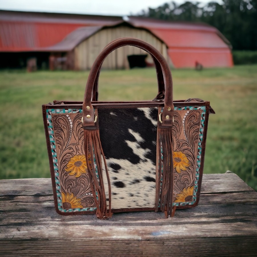 Western style zipper tote bag with Genuine Cowhide and Tooled Leather 1