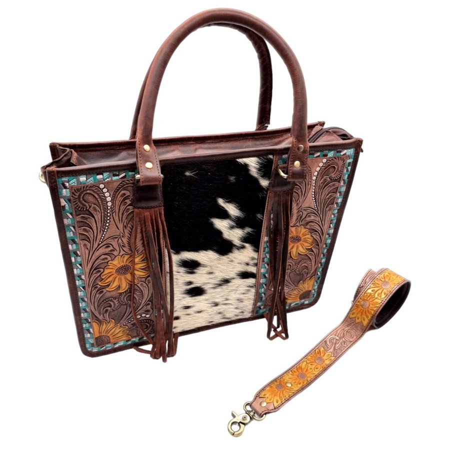 Western style zipper tote bag with Genuine Cowhide and Tooled Leather 4