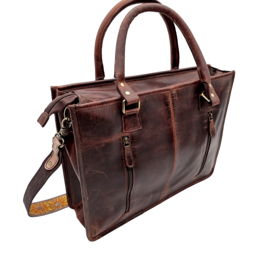 Western style zipper tote bag with Genuine Cowhide and Tooled Leather 5