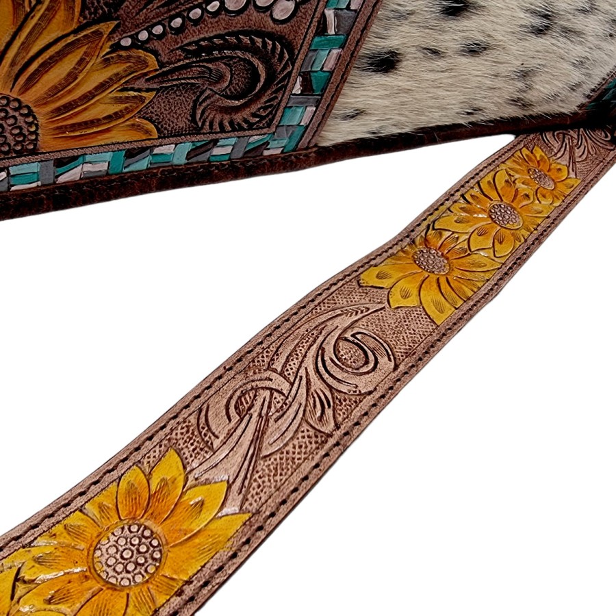 Western style zipper tote bag with Genuine Cowhide and Tooled Leather 6