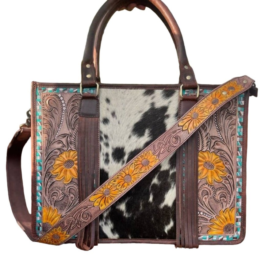 Western style zipper tote bag with Genuine Cowhide and Tooled Leather 9