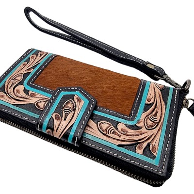 Southwest style genuine fur-on cowhide + tooled turquoise leather trim wallet / purse with detachable wrist strap