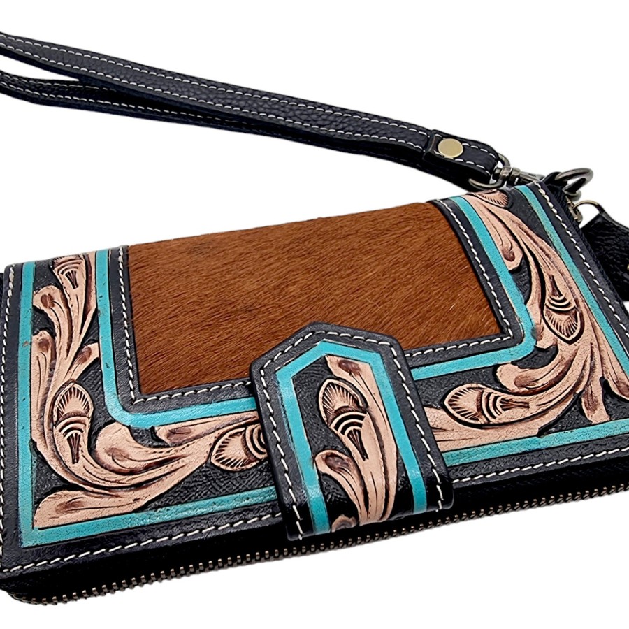 Southwest style genuine fur-on cowhide + tooled turquoise leather trim wallet / purse with detachable wrist strap 1
