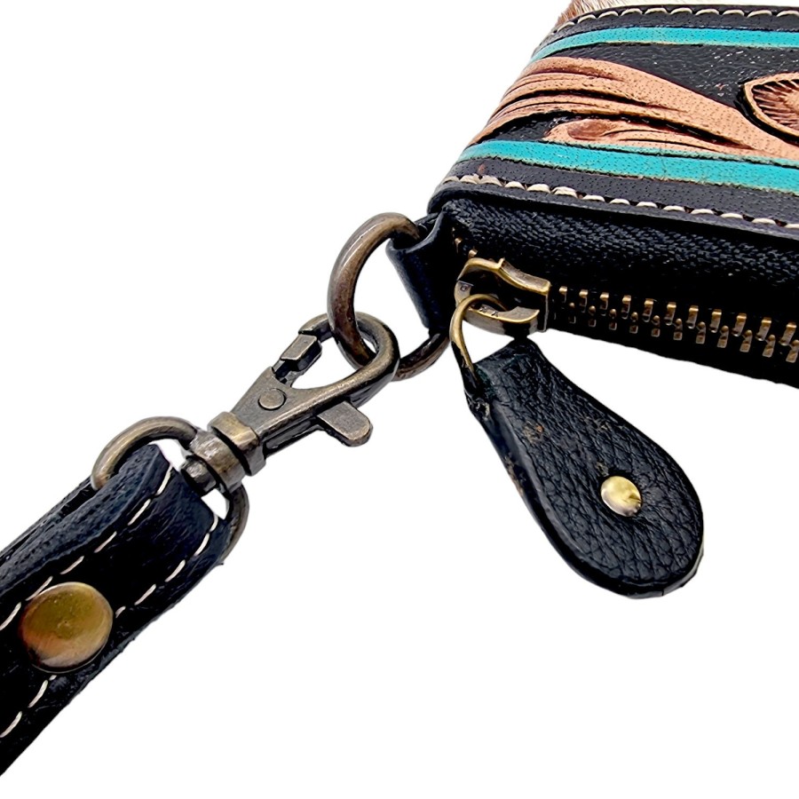 Southwest style genuine fur-on cowhide + tooled turquoise leather trim wallet / purse with detachable wrist strap 3