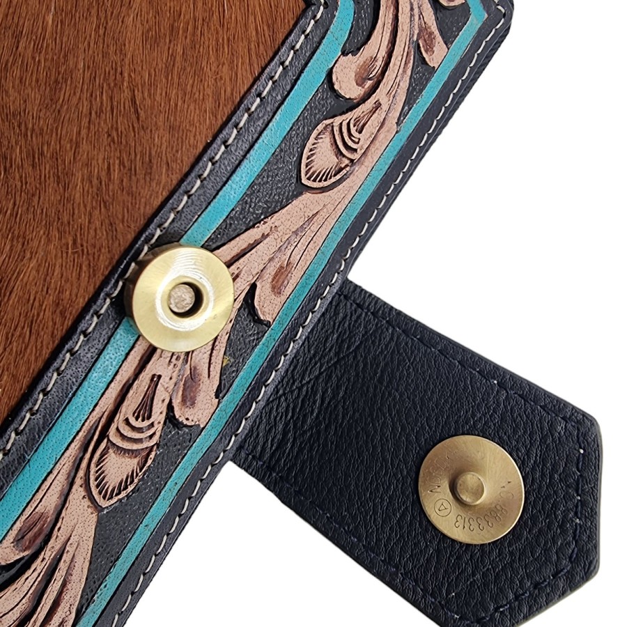 Southwest style genuine fur-on cowhide + tooled turquoise leather trim wallet / purse with detachable wrist strap 4