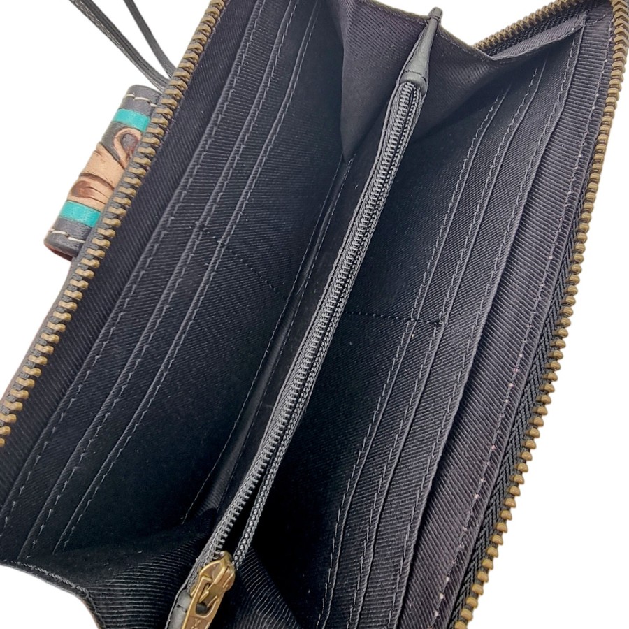 Southwest style genuine fur-on cowhide + tooled turquoise leather trim wallet / purse with detachable wrist strap 5