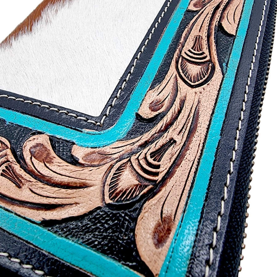 Southwest style genuine fur-on cowhide + tooled turquoise leather trim wallet / purse with detachable wrist strap 6
