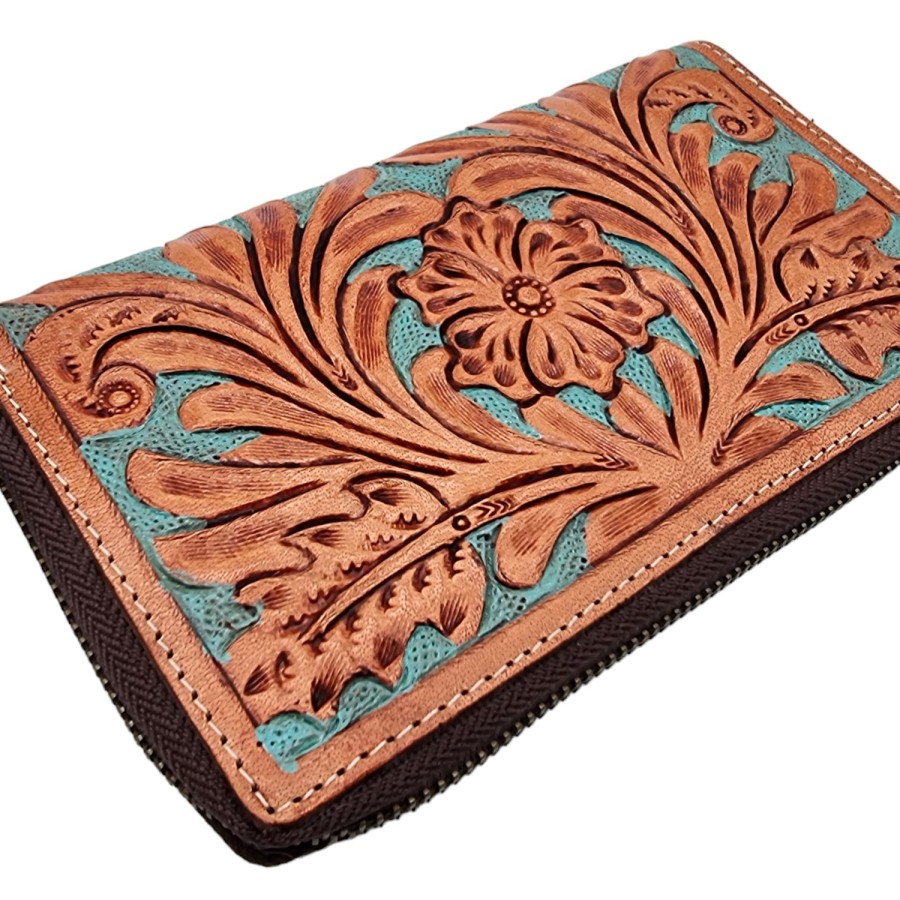 Southwestern Style Turquoise & Tan Tooled Genuine Leather Wallet / clutch 2
