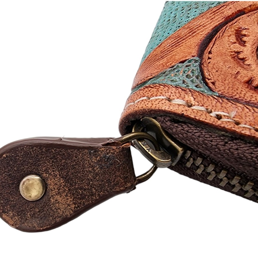 Southwestern Style Turquoise & Tan Tooled Genuine Leather Wallet / clutch 3