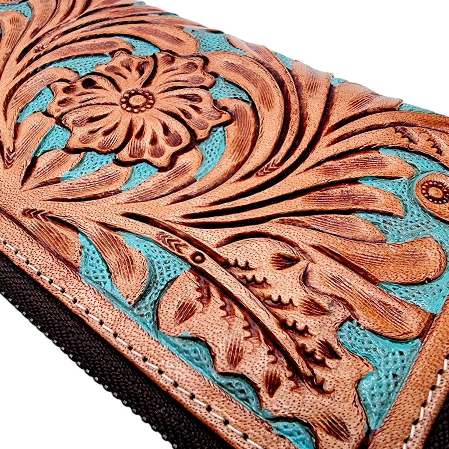 Southwestern Style Turquoise & Tan Tooled Genuine Leather Wallet / clutch 4