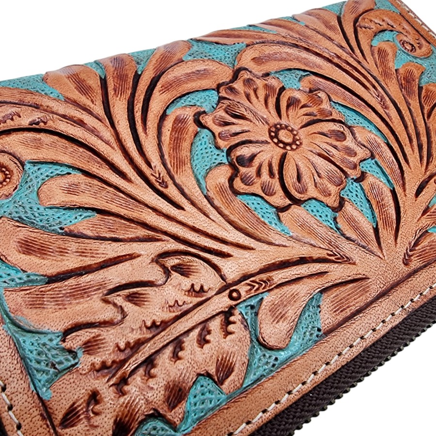 Southwestern Style Turquoise & Tan Tooled Genuine Leather Wallet / clutch 6
