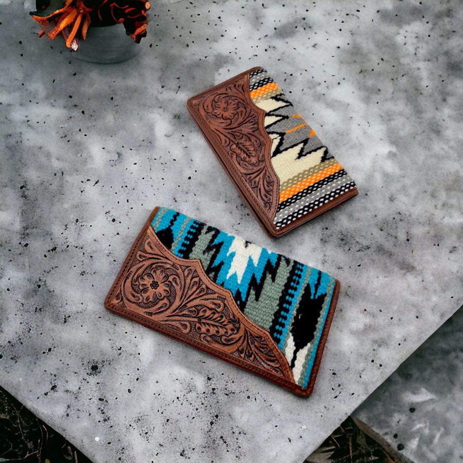 Southwestern Aztec style wool & tooled Genuine Leather trim wallet / clutch 0