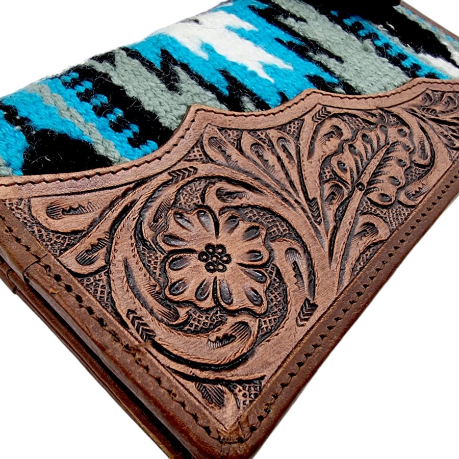Southwestern Aztec style wool & tooled Genuine Leather trim wallet / clutch 2