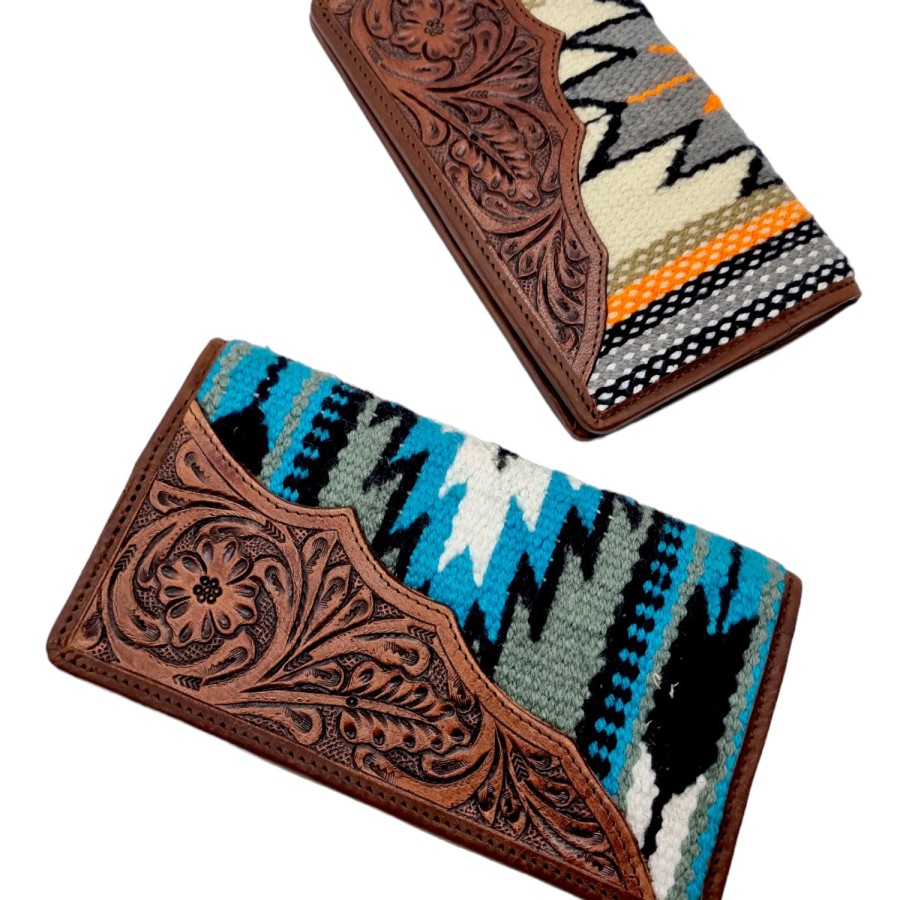 Southwestern Aztec style wool & tooled Genuine Leather trim wallet / clutch 4