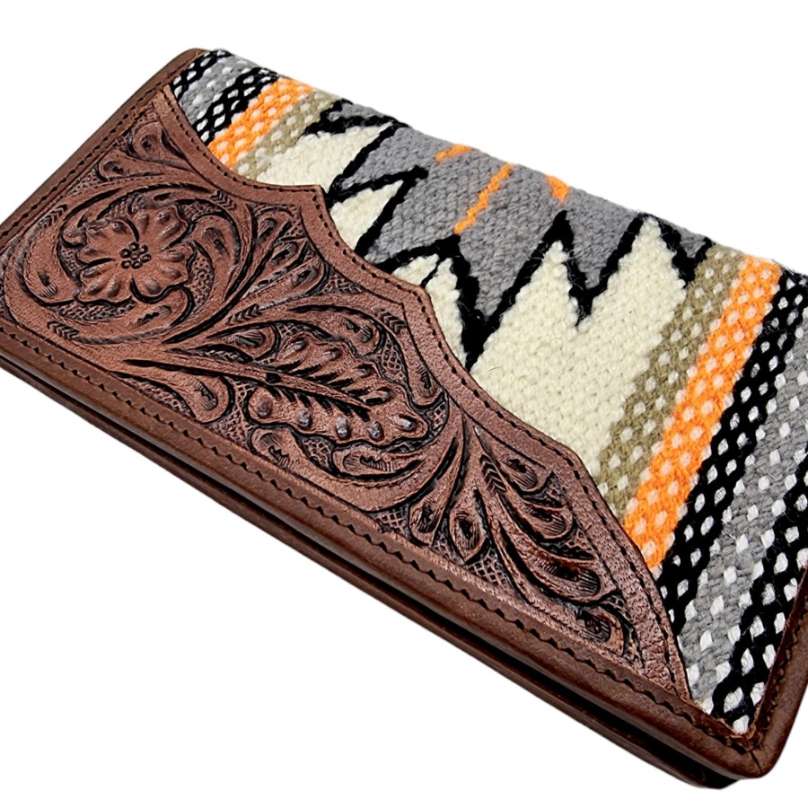 Southwestern Aztec style wool & tooled Genuine Leather trim wallet / clutch 7