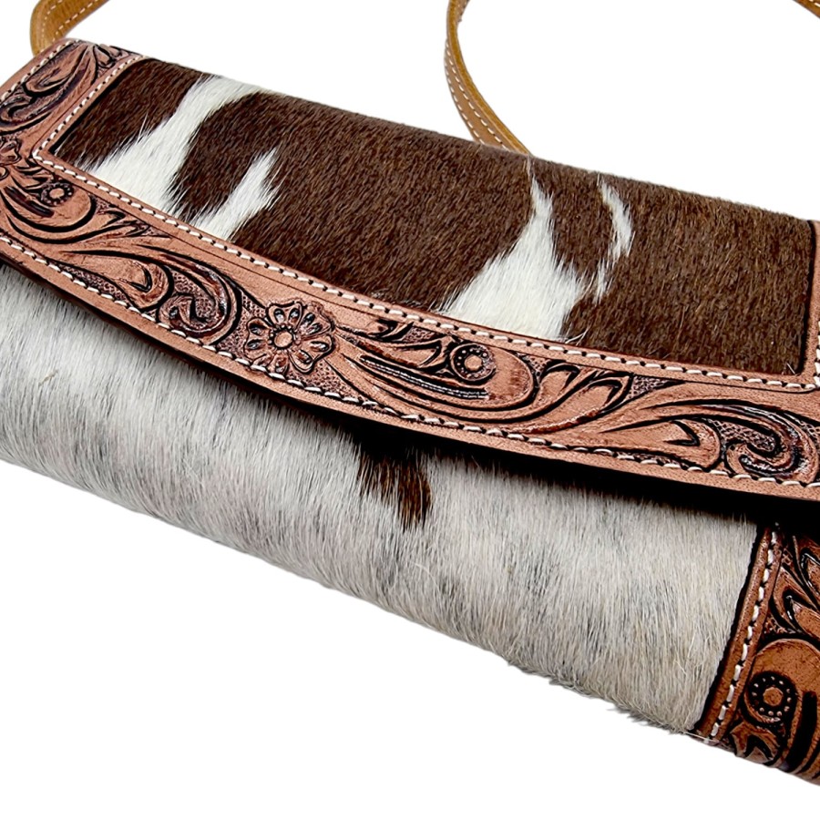 Southwestern style genuine fur-on cowhide + tooled leather trim wallet / clutch with detachable shoulder strap 2