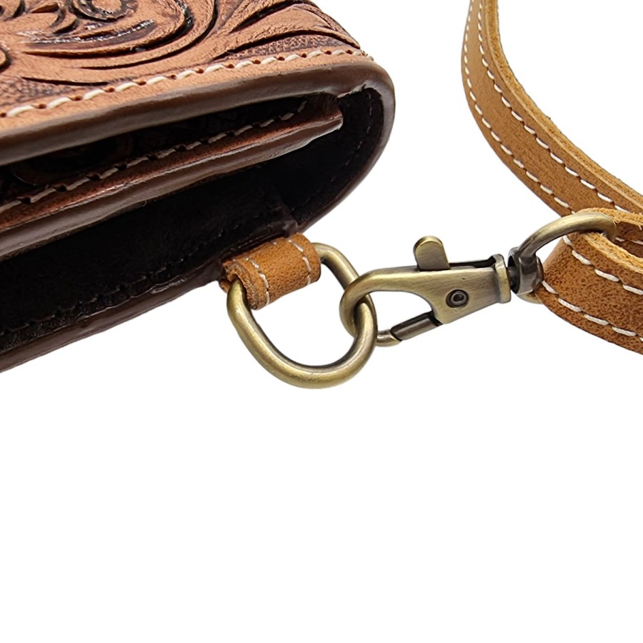 Southwestern style genuine fur-on cowhide + tooled leather trim wallet / clutch with detachable shoulder strap 3