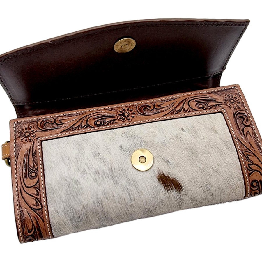 Southwestern style genuine fur-on cowhide + tooled leather trim wallet / clutch with detachable shoulder strap 4