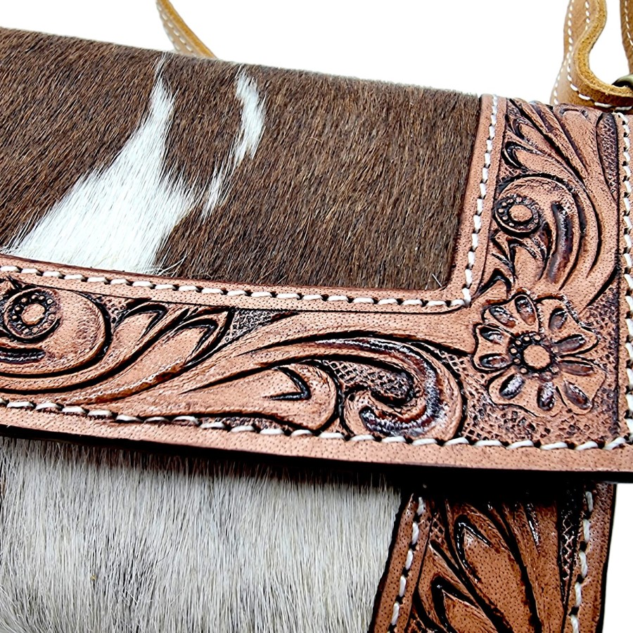 Southwestern style genuine fur-on cowhide + tooled leather trim wallet / clutch with detachable shoulder strap 6