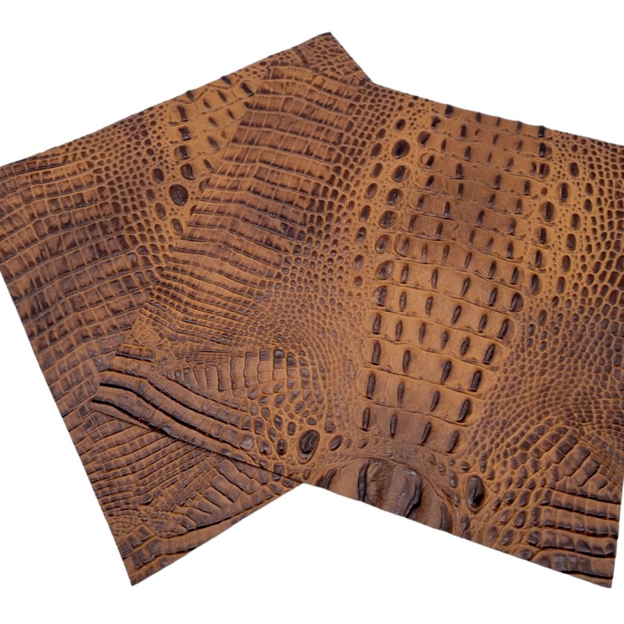 Genuine leather | embossed crocodile 'look' leather | Tan crocodile croc embossed cowhide leather  |  Croc Saddle