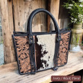 Western style tote bag with Genuine Cowhide and Tooled Leather