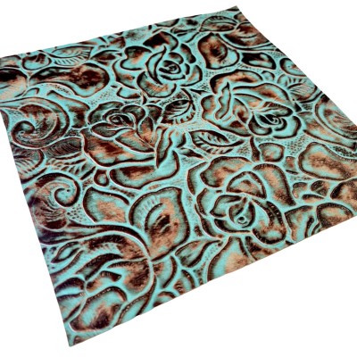 Genuine embossed leather | Roses pattern | Turquoise & Brown pieces/sheets Various sizes available