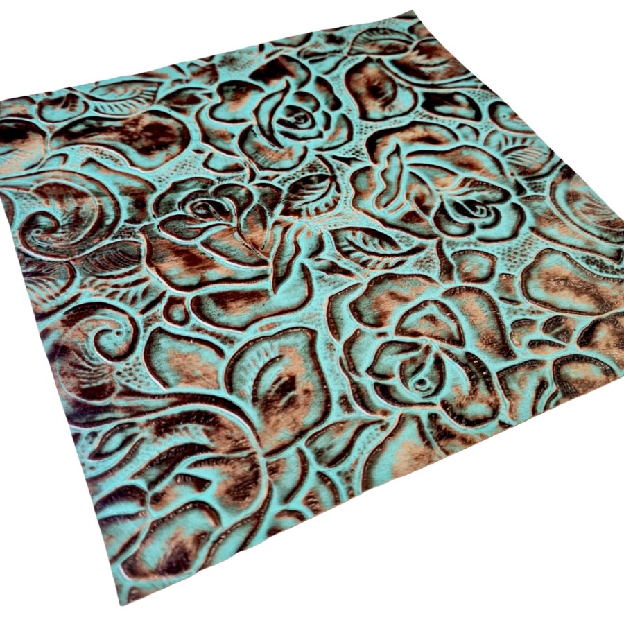 Genuine embossed leather | Roses pattern | Turquoise & Brown pieces/sheets Various sizes available 0