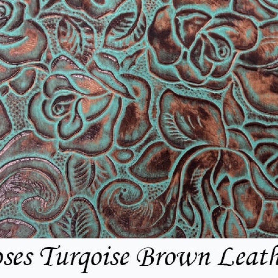 Genuine embossed leather | Roses pattern | Turquoise & Brown pieces/sheets Various sizes available 1