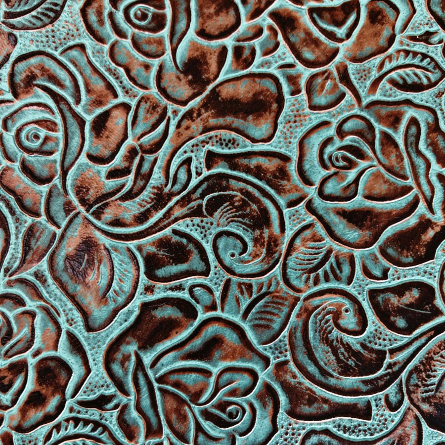Genuine embossed leather | Roses pattern | Turquoise & Brown pieces/sheets Various sizes available 2