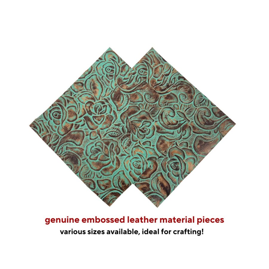 Genuine embossed leather | Roses pattern | Turquoise & Brown pieces/sheets Various sizes available 3