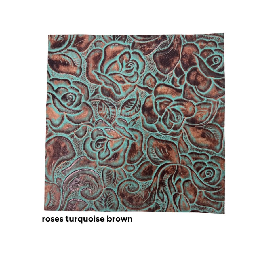 Genuine embossed leather | Roses pattern | Turquoise & Brown pieces/sheets Various sizes available 4
