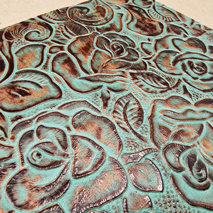 Genuine embossed leather | Roses pattern | Turquoise & Brown pieces/sheets Various sizes available 6