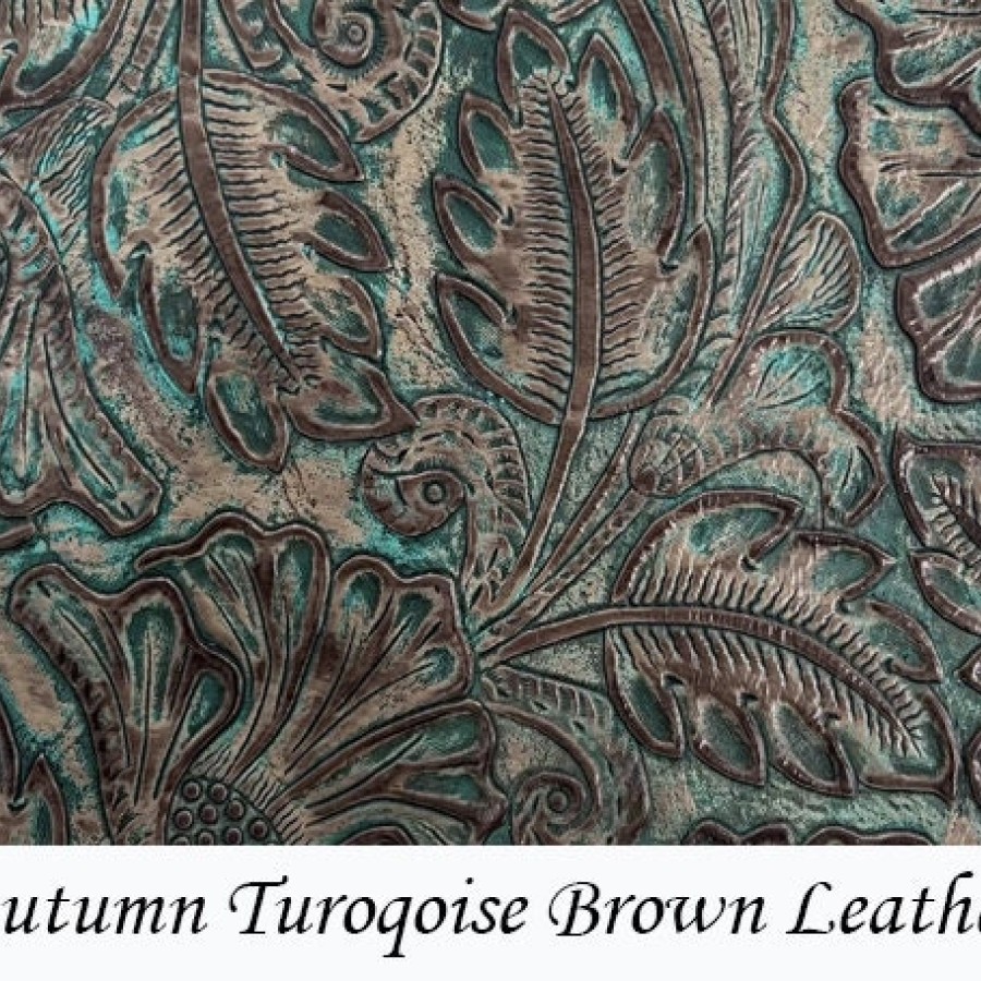 Genuine embossed leather material | Floral pattern | Turquoise & Brown - Various sizes Available