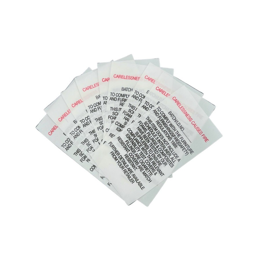 Red sew-in fabric fire labels / Carelessness Causes Fire Sew-in Label 2