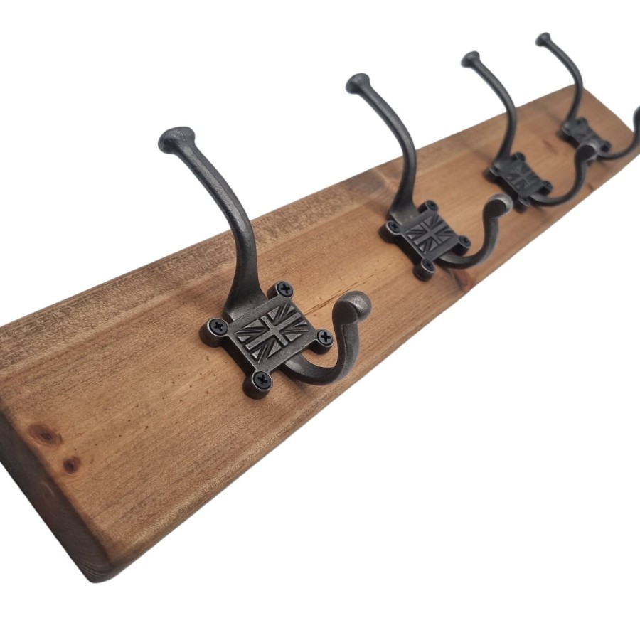 Wooden Coat and hat Hooks with Pine base and Vintage Cast Iron Hooks - Handmade in the U.K 0