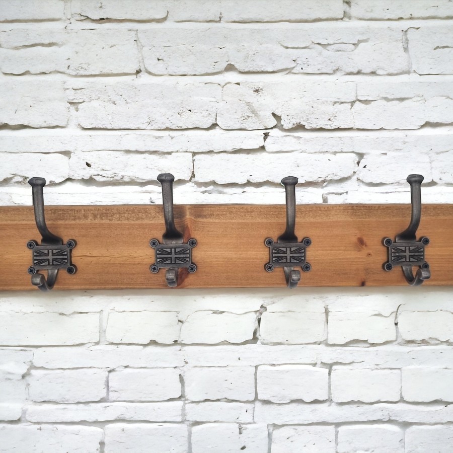 Wooden Coat and hat Hooks with Pine base and Vintage Cast Iron Hooks - Handmade in the U.K 1