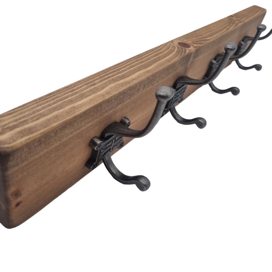 Wooden Coat and hat Hooks with Pine base and Vintage Cast Iron Hooks - Handmade in the U.K 2